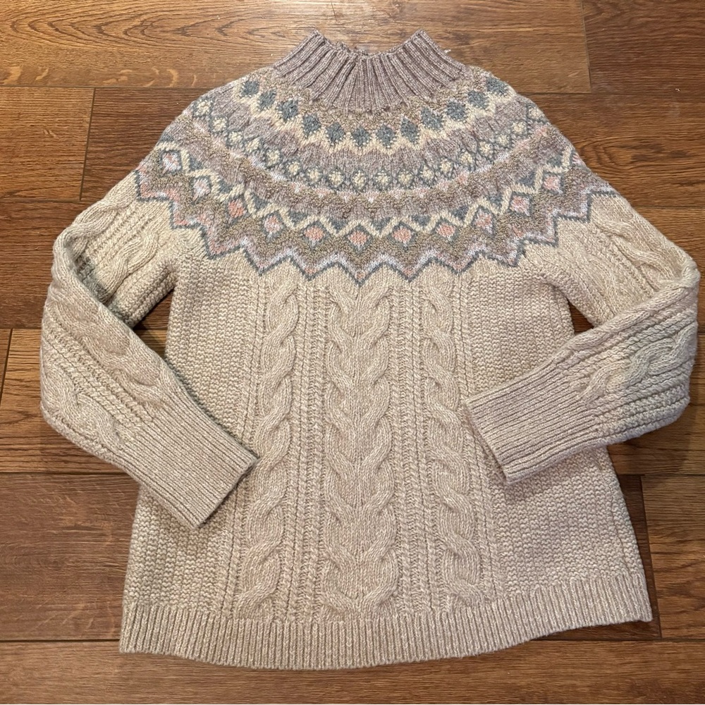 Chico’s Cozy Beige Cable Knit Sweater Cotton/Wool Blend Fair Isle